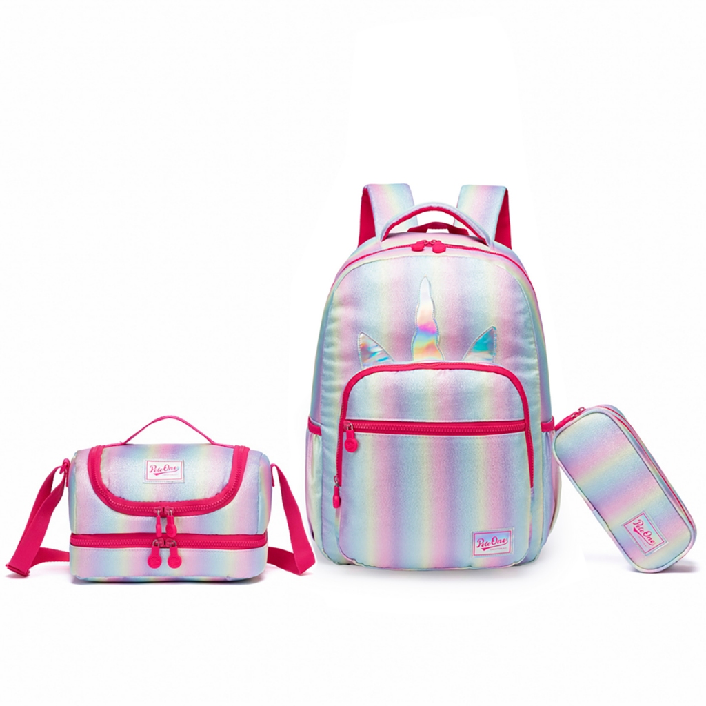 Kit Mochila Juvenil Holográfica Resistente Alça Costas Estojo Duplo Lancheira