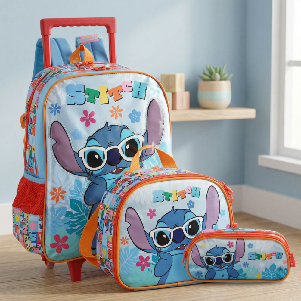 Kit Mochila Escolar Stitch - Mochila de Rodinha 2 Compartimentos, Lancheira Térmica, Estojo Duplo - Luxcel