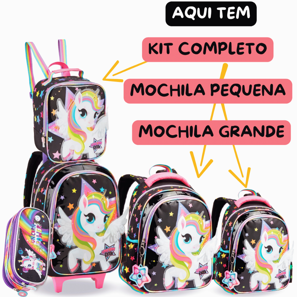 Mochila Escolar Infantil Unicórnio Kit Estojo Lancheira Grande Pequena Passeio Creche Rodinhas Alça Reforçada Costas
