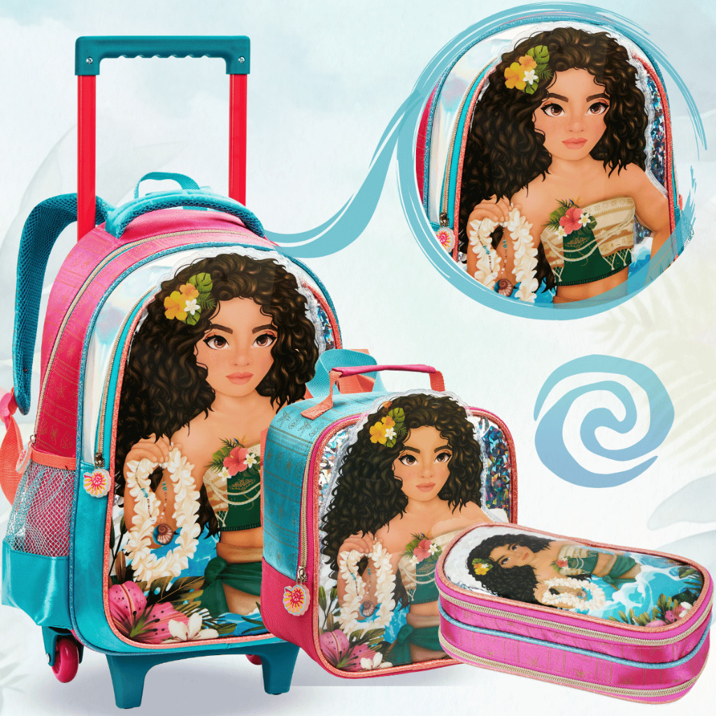 Mochila Infantil Escolar Menina Princesa Estilo Moana Kit Rodinha Lancheira Estojo Costas Feminina Criança Escola