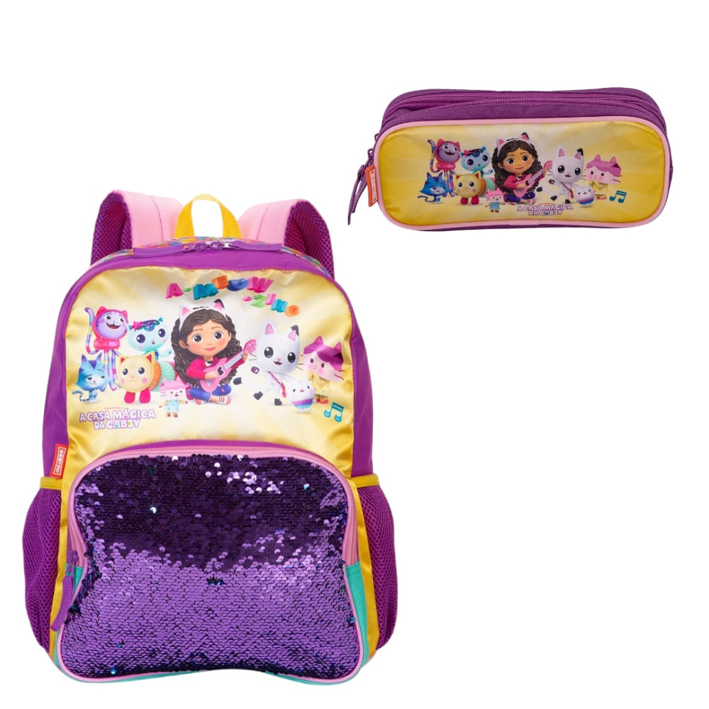 Kit Mochila De Costa Escolar E Estojo  Gabby Meow Sestini