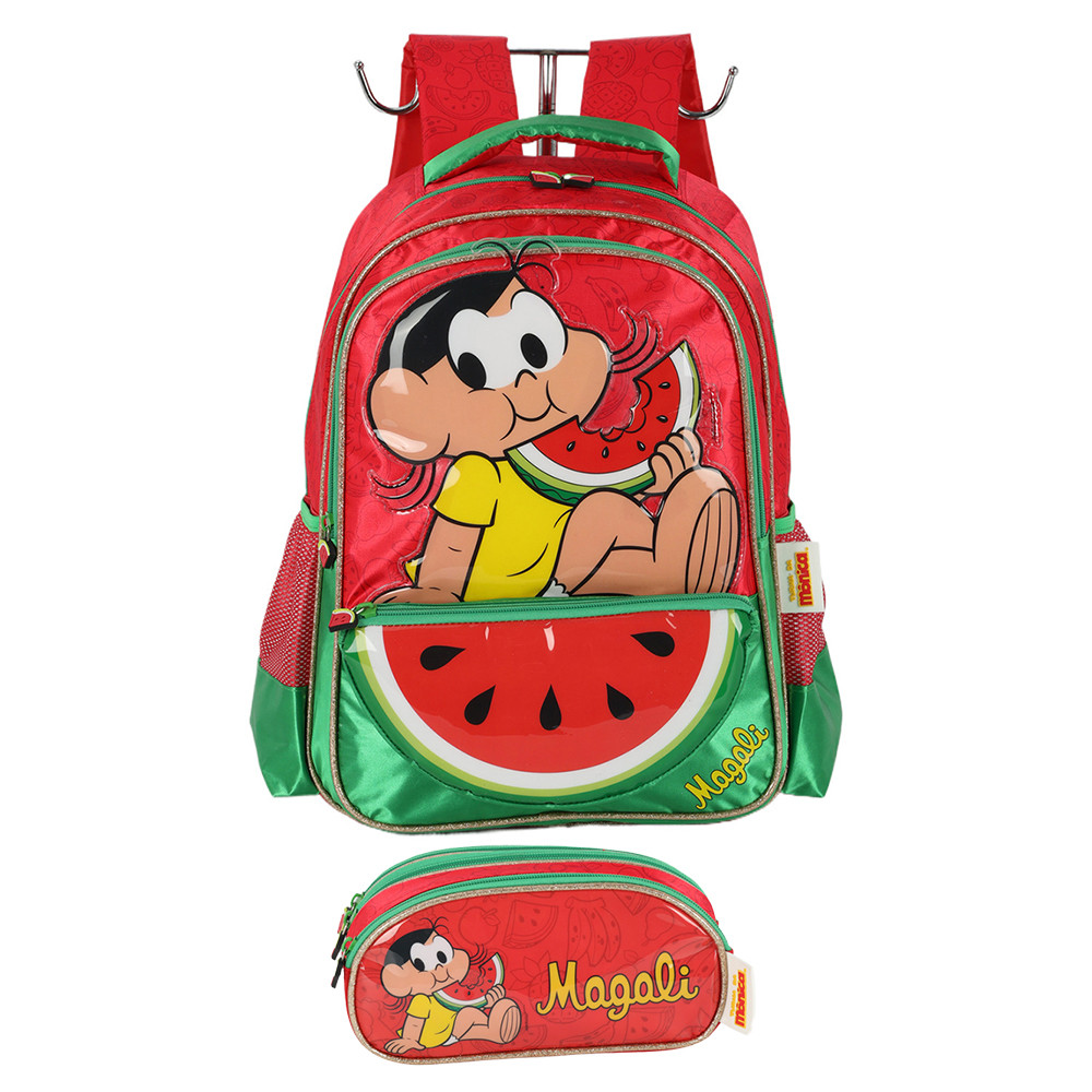 Kit Mochila De Costas Estojo Triplo Mônica Magali Escolar