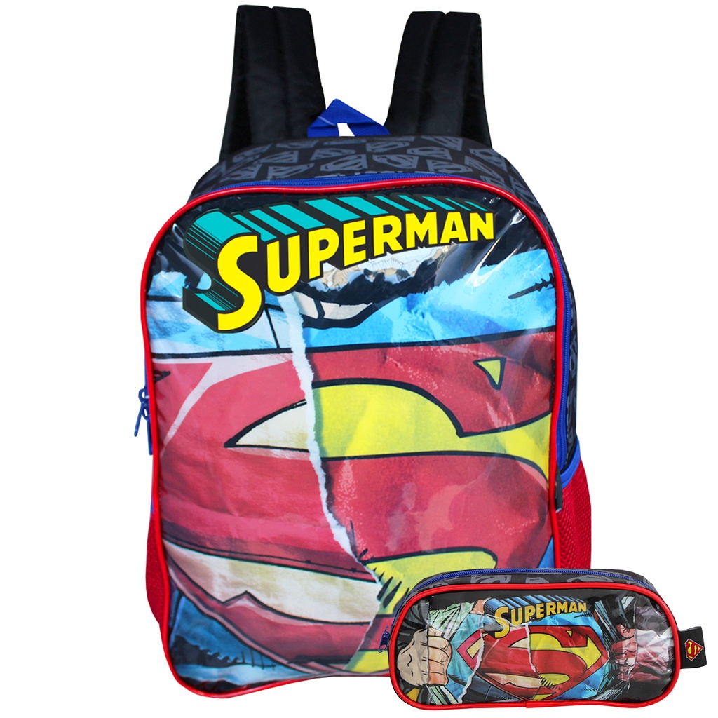 Kit Mochila Escolar de Costas Do Superman Com Estojo Infantil Escolar