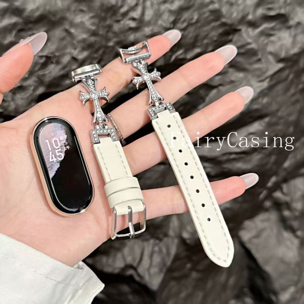 Cruz Brilhante + Pulseira De Couro Para Xiaomi Mi Band 11 10 9 8 Pro 7 6 5 4 3 Redmi Watch Ajustar