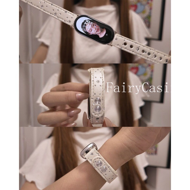 Pulseira De Couro Com Estrelas Brilhantes Para Xiaomi Mi Band 11 10 9 8 Pro 7 6 5 4 3 Redmi Watch Unhas Duplas