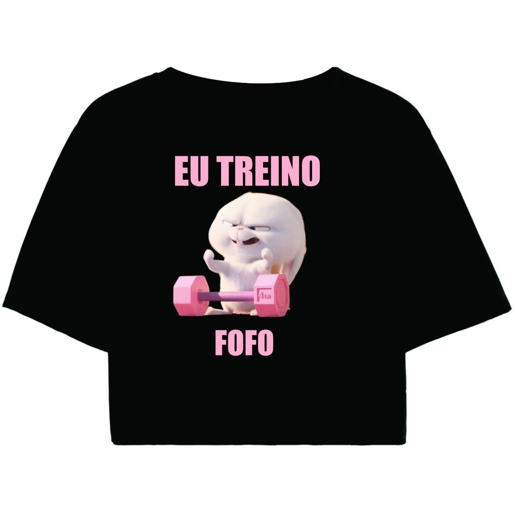 Cropped Feminino Preto Tumblr blogueira EU TREINO FOFO COELHO feminina manga curta