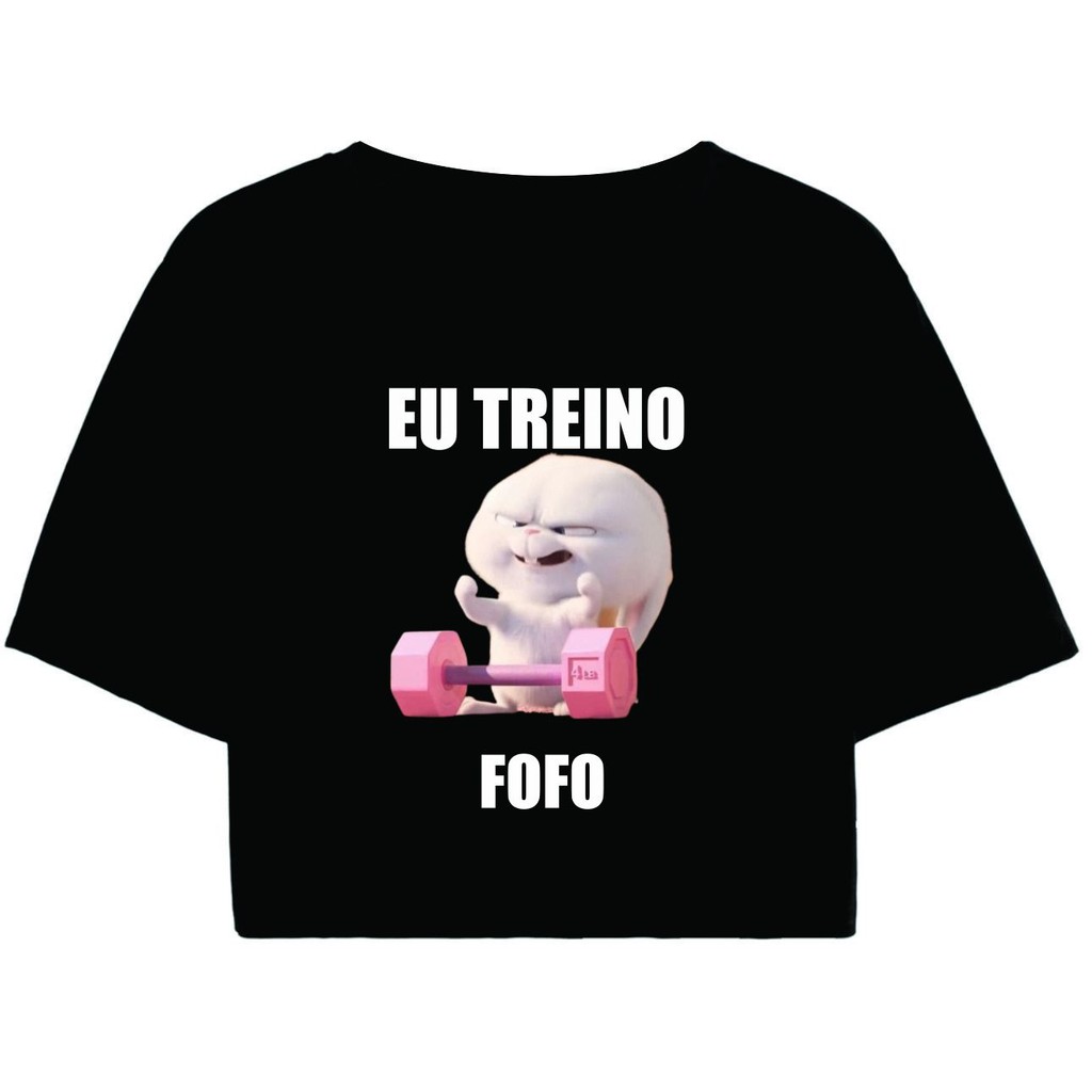 Cropped Feminino Preto Tumblr blogueira eu treino fofo coelho branco feminina manga curta