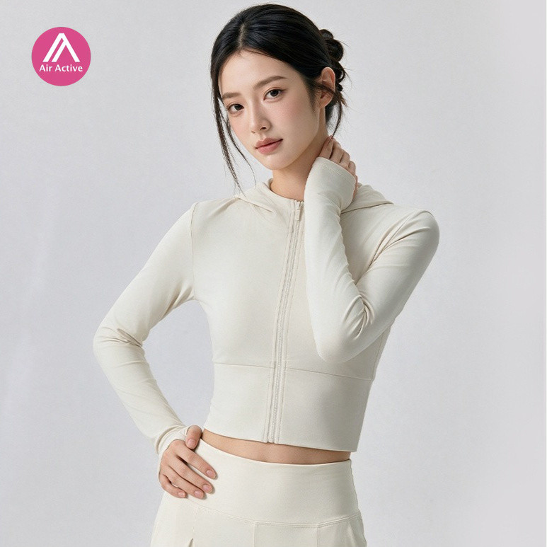 Jaqueta AirActive Recortada Esportiva Crop Top Com Capuz Manga Comprida Slim Fit Zíper Academia Treino Casual