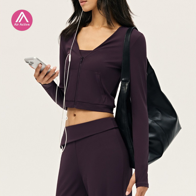 Jaqueta De Ioga AirActive Com Decote Em V Recortada Manga Comprida Zíper Slim Fit Controle De Barriga Esportes Pilates F