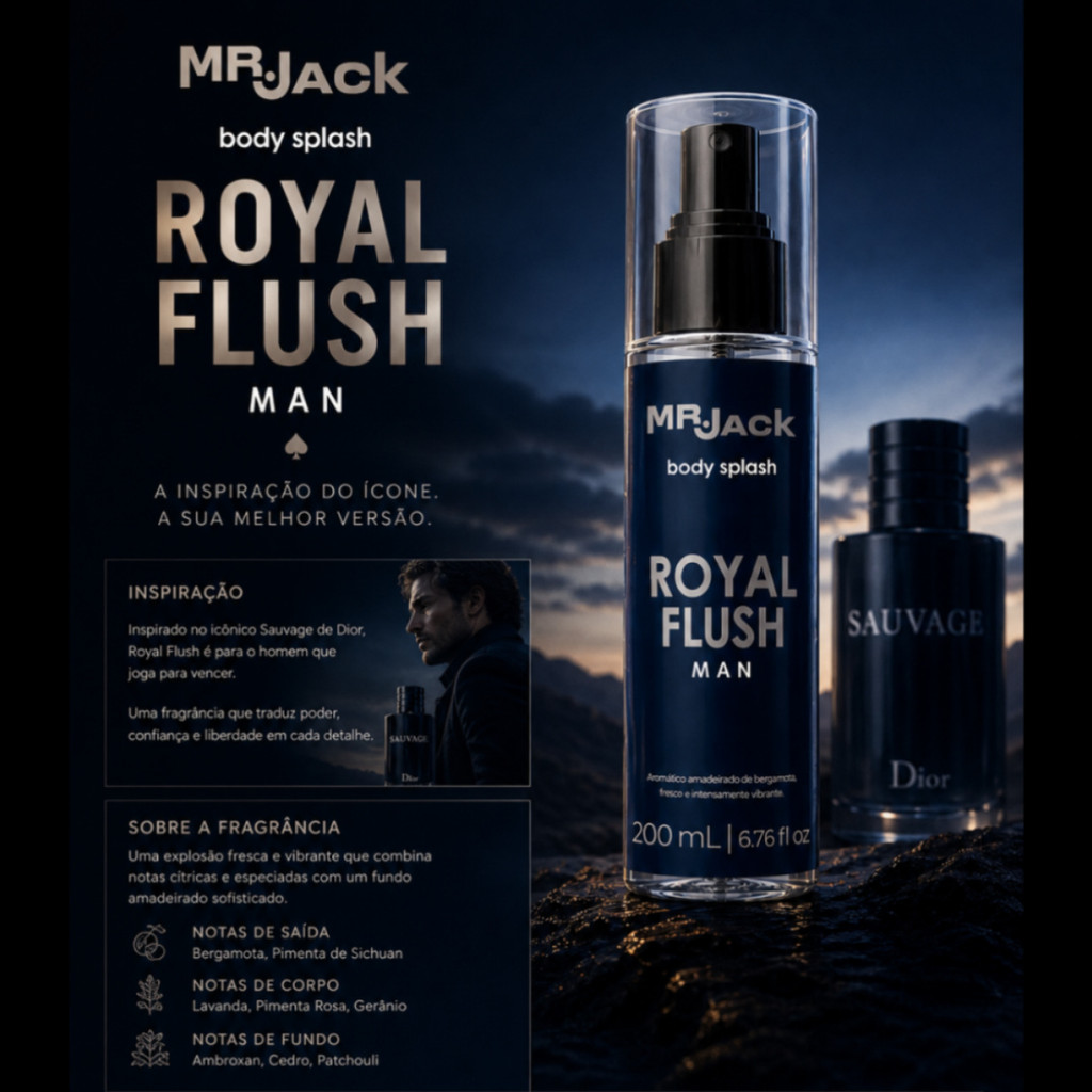Body Splash Masculino Mr. Jack Royal Flush 200ml Aromático Amadeirado Bergamota Perfume Masculino