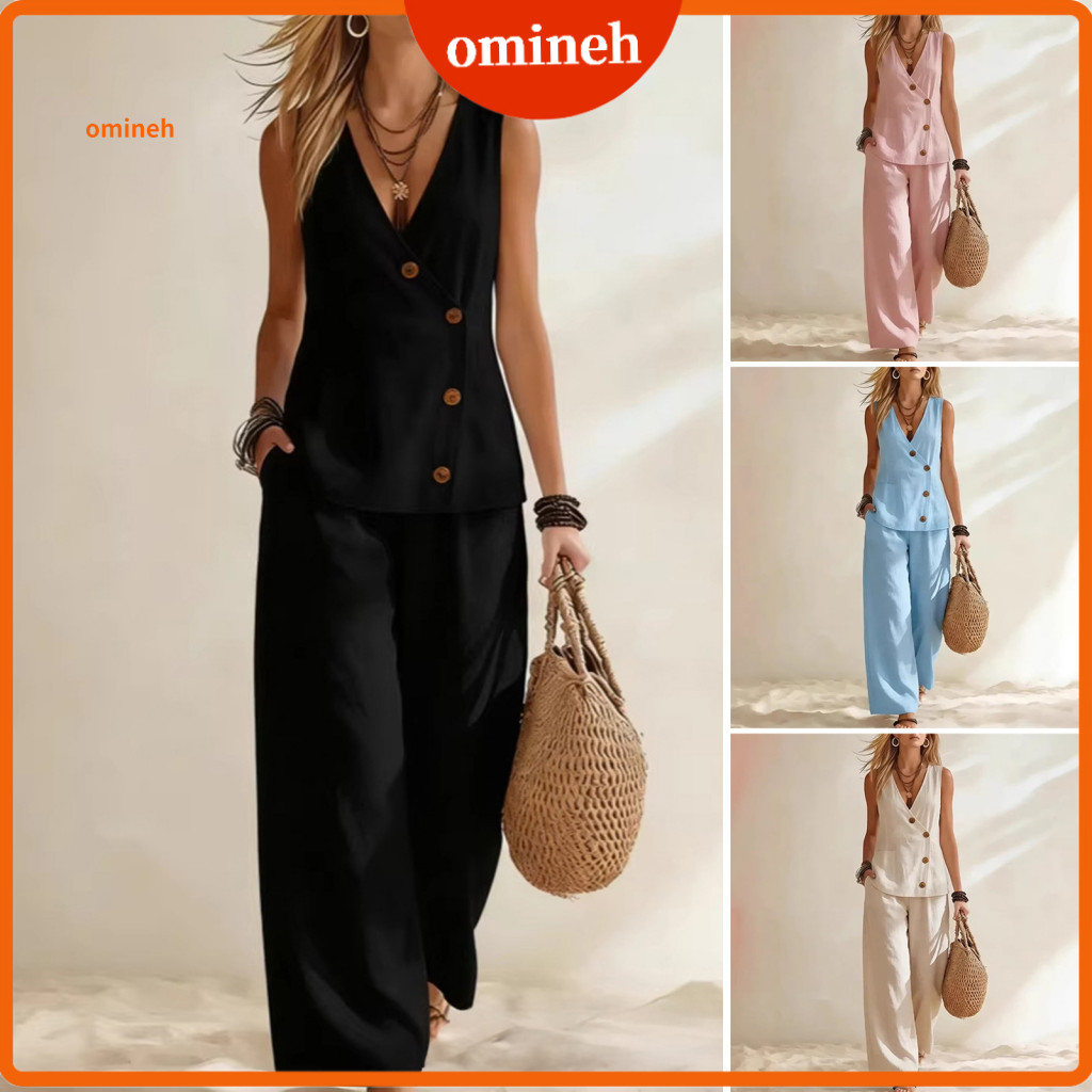 Solid Color Women Set Outfits Women’s Summer 2-piece – Button Down Tank Top Wide Leg Pants Loungewear Matching Outfi