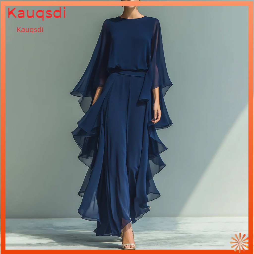 Women Top Long Sleeve Women’s Summer Two-piece Set – Loose Fit Ruffle Bell Wide Leg Pants Solid Color Outfit Lightwe