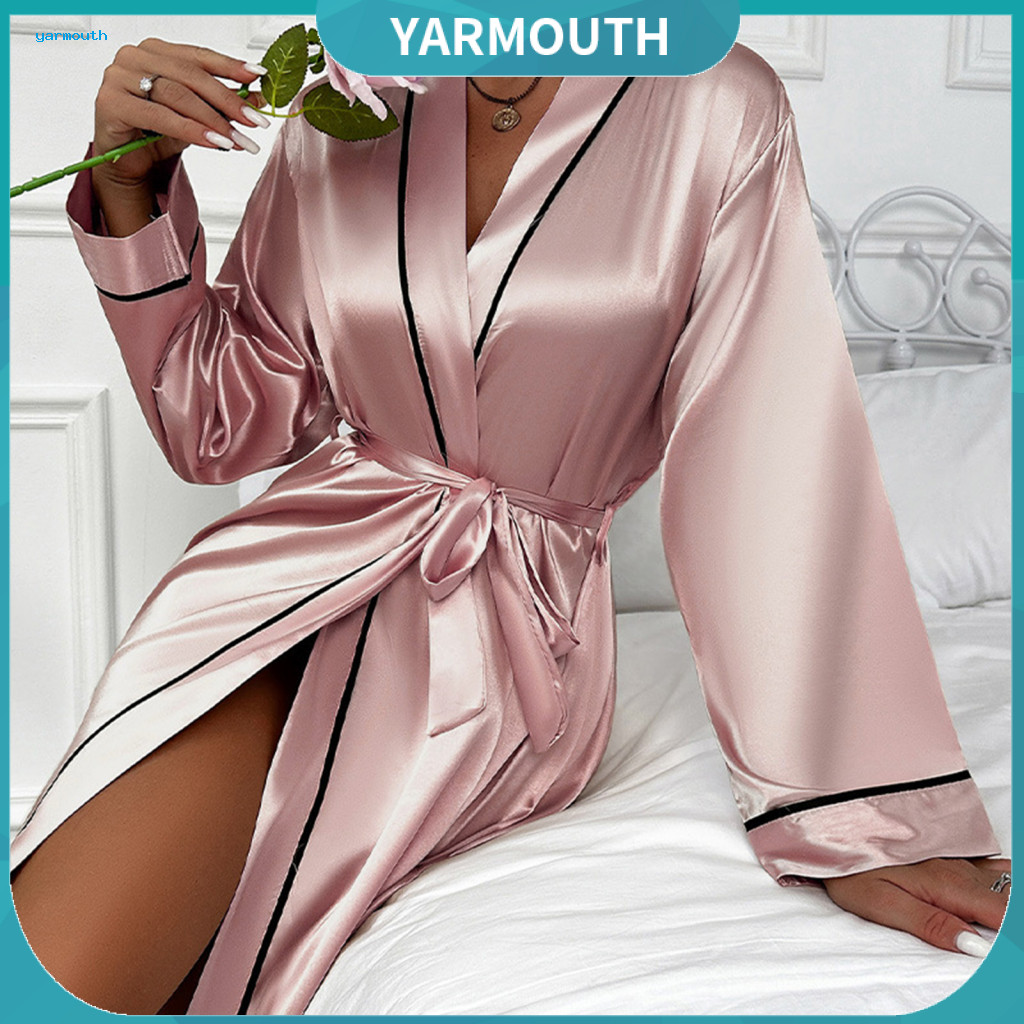 Women Nightgown Loungewear Set Women’s Satin with Adjustable Waist Tie V-neck Imitation Silk Sleepwear Solid Color Bri
