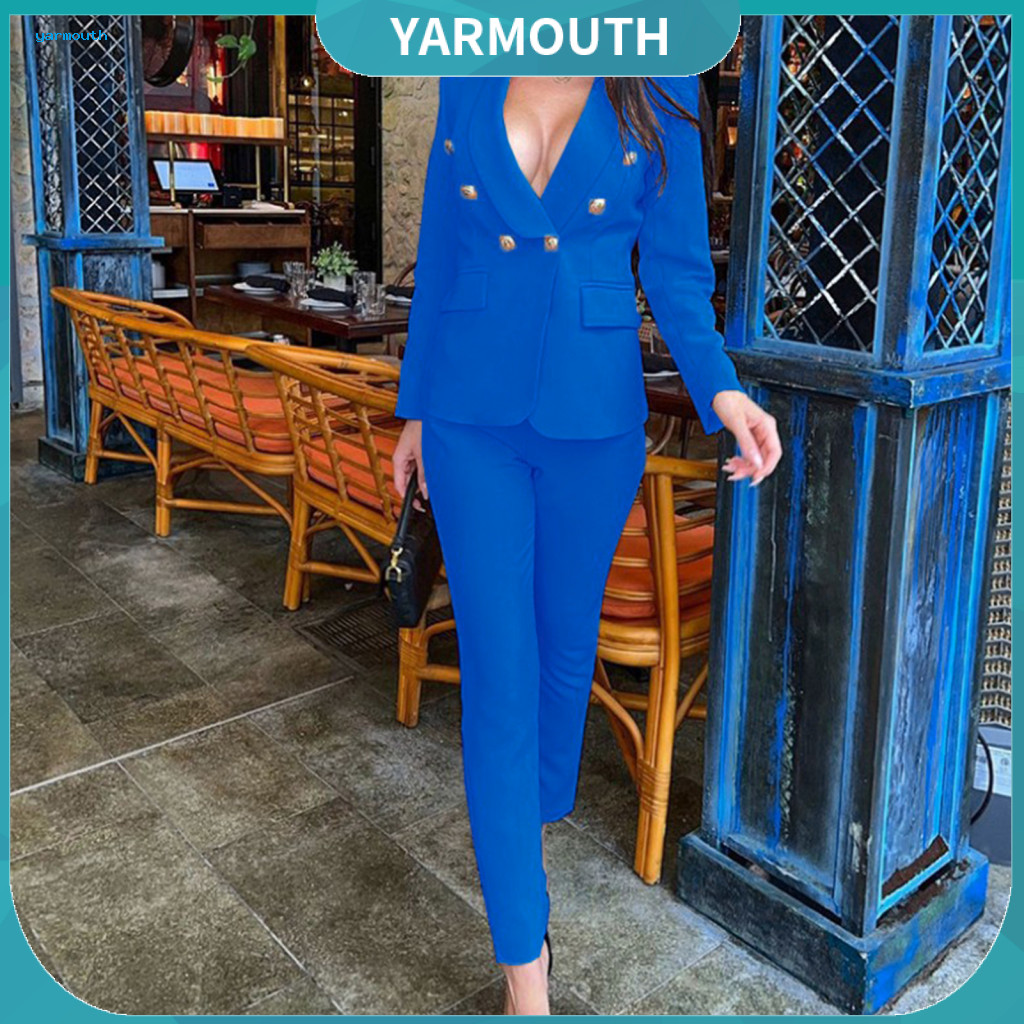 Women Coat Pants Set Lapel Jacket 2 Pcs Formal Suit – Long Sleeve Cardigan High Waist Solid Color Business Office Outf