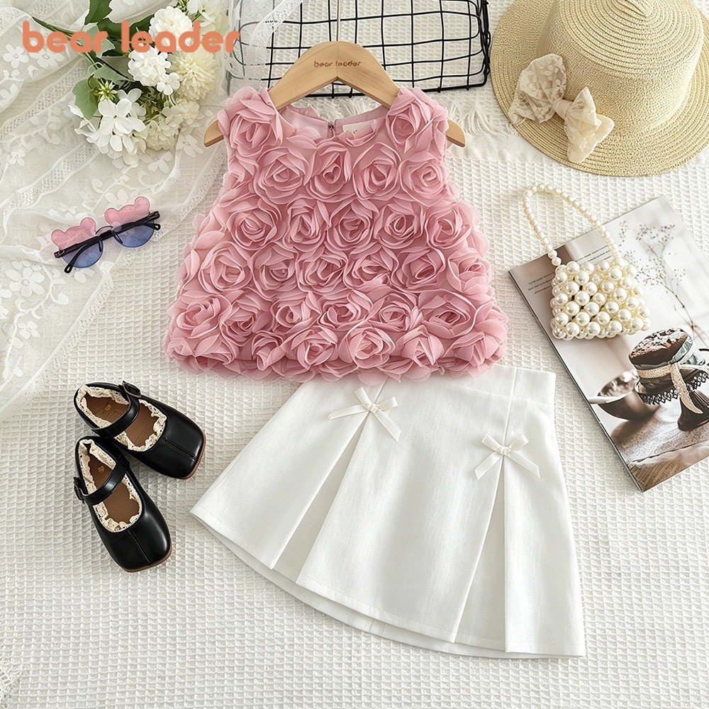 Bear Leader 3-7 Anos Estilo Preppy Flor Renda Sem Mangas Top + Saia Patchwork Laço Conjunto De Duas Peças Liso Cor Sólid