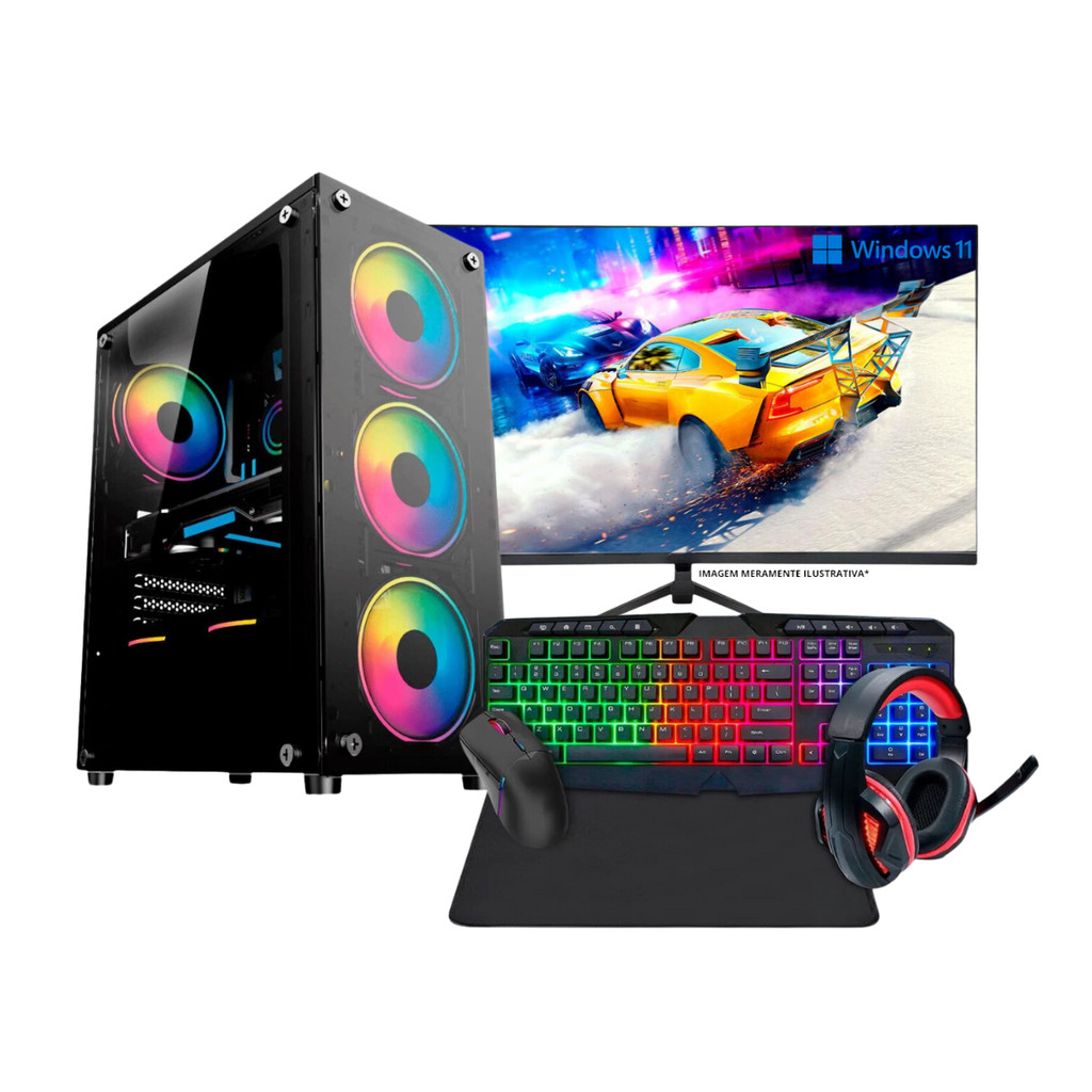 PC Gamer Computador Completo Intel Core i7 16GB SSD 512GB Kit Gamer Headset Monitor 19,5''