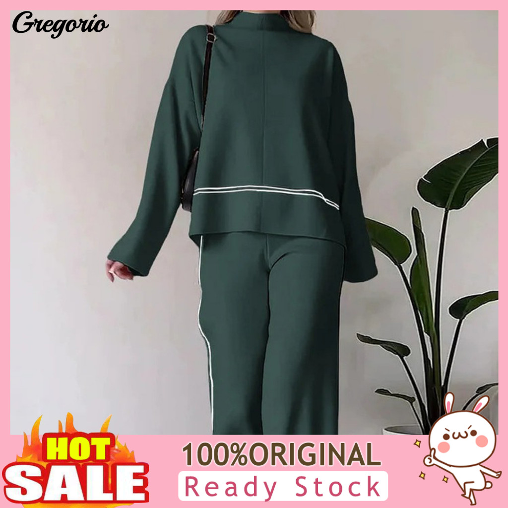 Wide Leg Trousers Set Solid Color Top and Pants 2 Pcs Women Tracksuit – Round Neck Long Sleeve High Waist Stretchy Spo