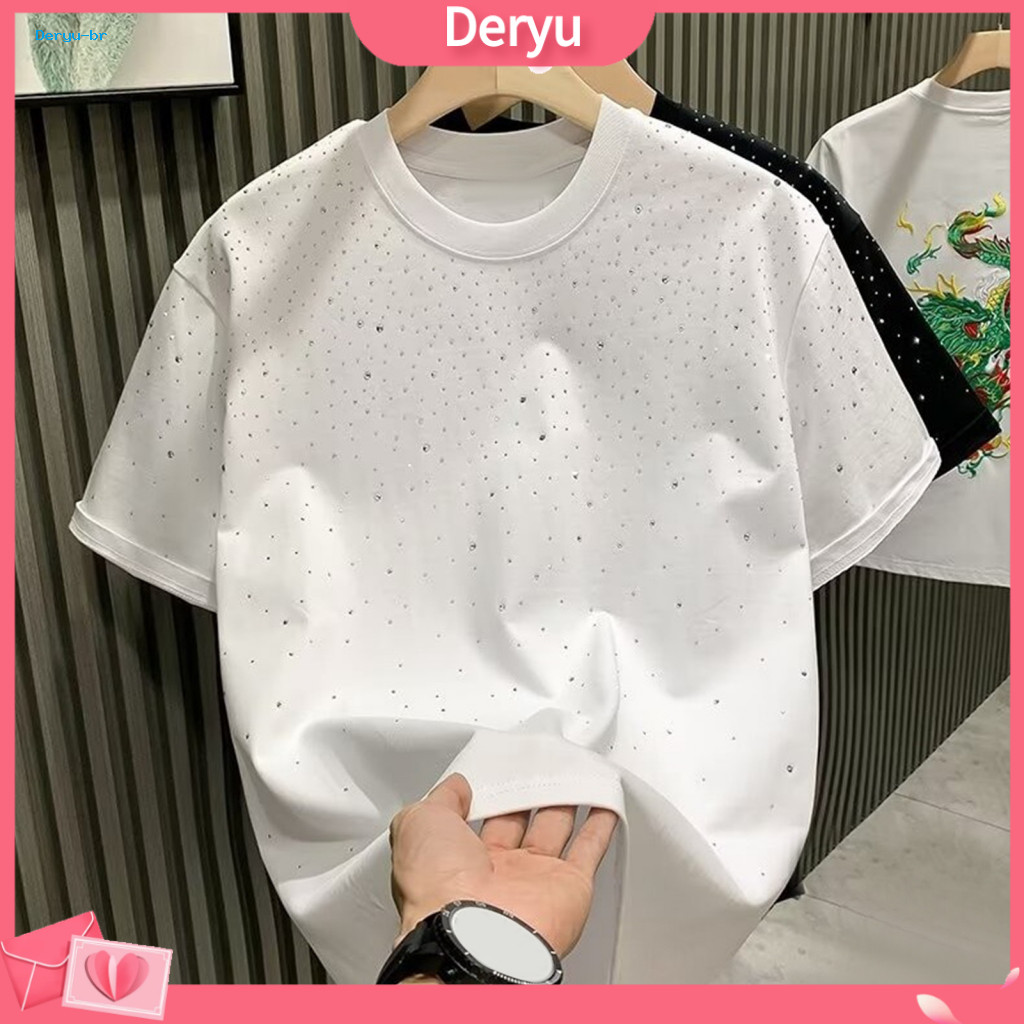 Solid Color Men Tee Unisex Summer Top Couple T-shirt Rhinestone Decor Plus Size Loose Fit Round Neck Short Sleeve Pullov