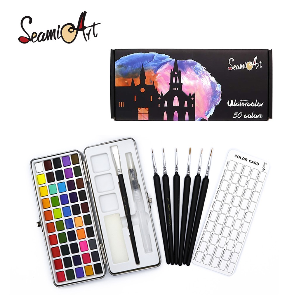 SeamiArt 50 Colors Solid Watercolor Gift Set with 6Pcs Detail Painting Brush