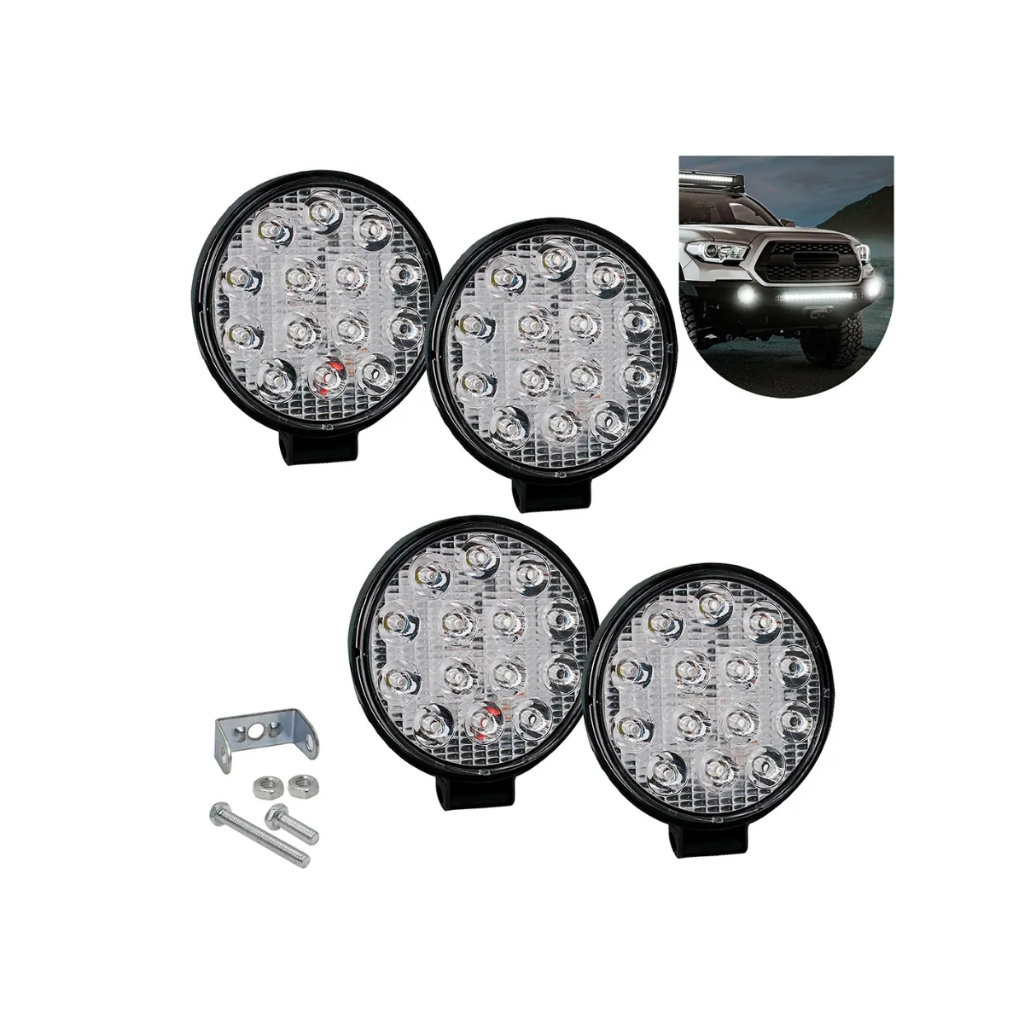 Kit 4 Farol Milha 14 Leds 42w 12v/24v Redondo Off-road 6000k