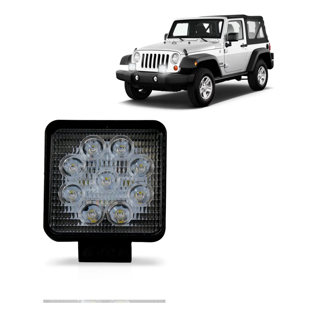 Farol De Milha Auxiliar 9 Leds 27w 10v/30v Quadrado Fino Off-Road 6000k Universal Caminhonetes Jeep