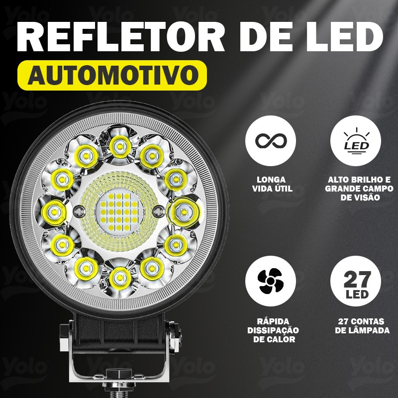 Kit 2 Farol Auxiliar LED Redando 27 Leds 12V-80V Yolo Off-road