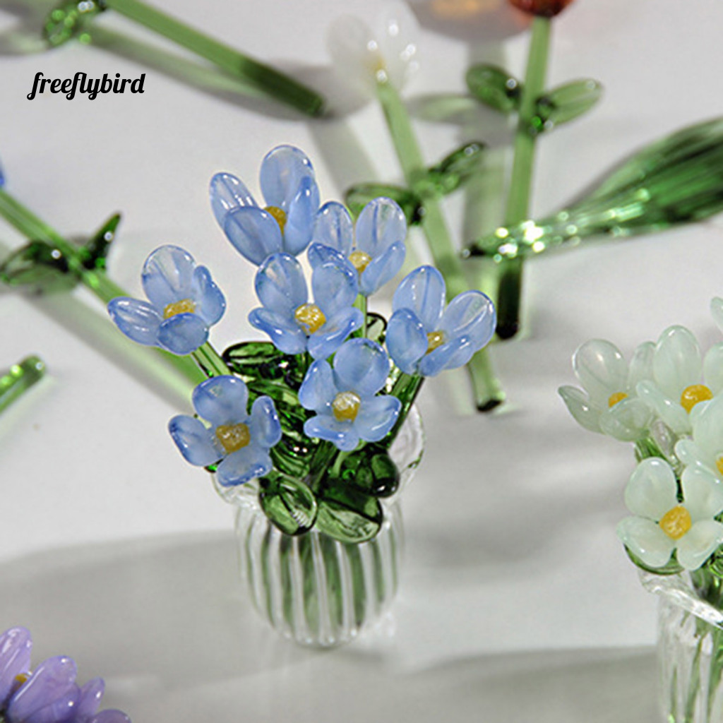 Small Flower Ornament Decorative Glass Hand-blown Bouquet with Vase – Mini Handmade Floral Decoration Realistic Simula
