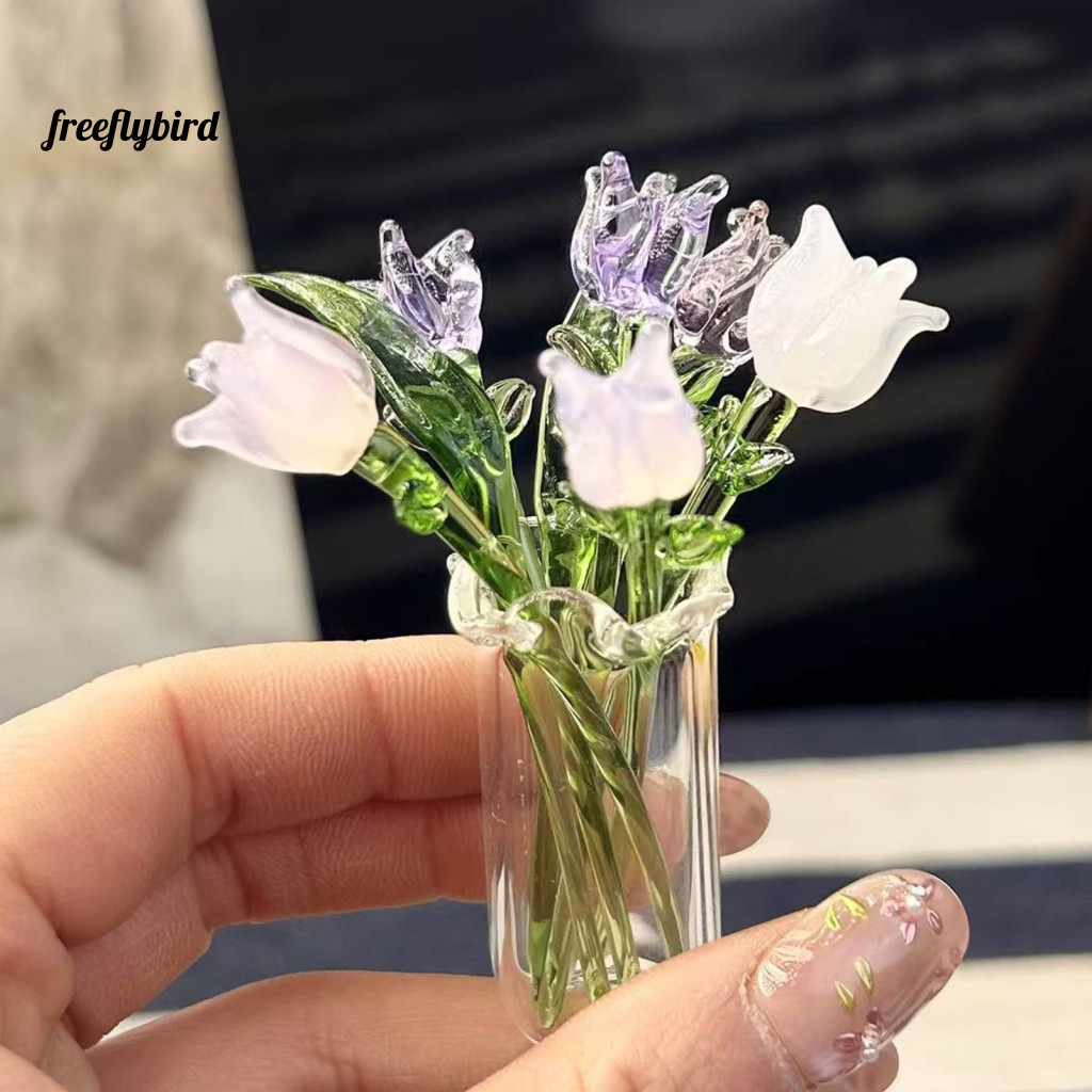 Colored Glaze Flower Art Handmade Hand-blown Glass Decoration with Stem – Mini Floral Plant Figurine for Home Office R