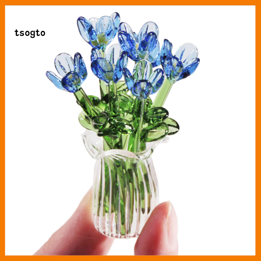 Decorative Glass Flower Small Ornament Hand-blown Bouquet with Vase – Mini Handmade Floral Decoration Realistic Simula