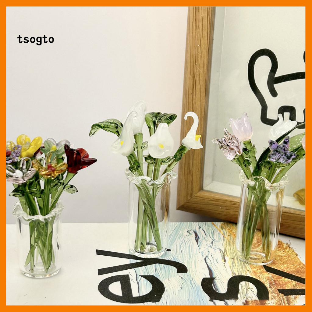 Handmade Glass Flowers Hand-blown Flower Decoration with Stem – Mini Floral Plant Figurine for Home Office Room Table