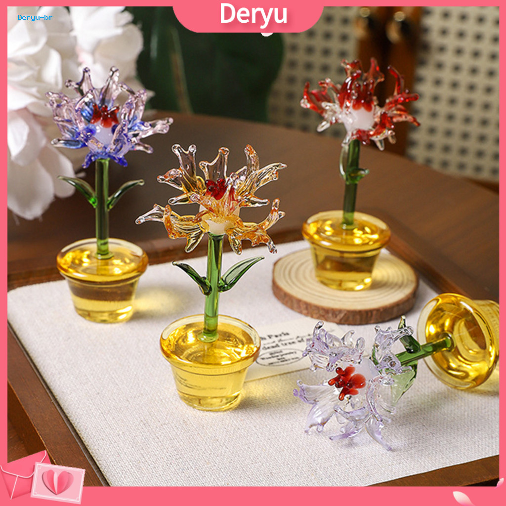 Small Potted Plant Decor Mini Flower Figurine Hand Blown Glass Figurines Floral Ornaments – Handmade Collectible Gifts