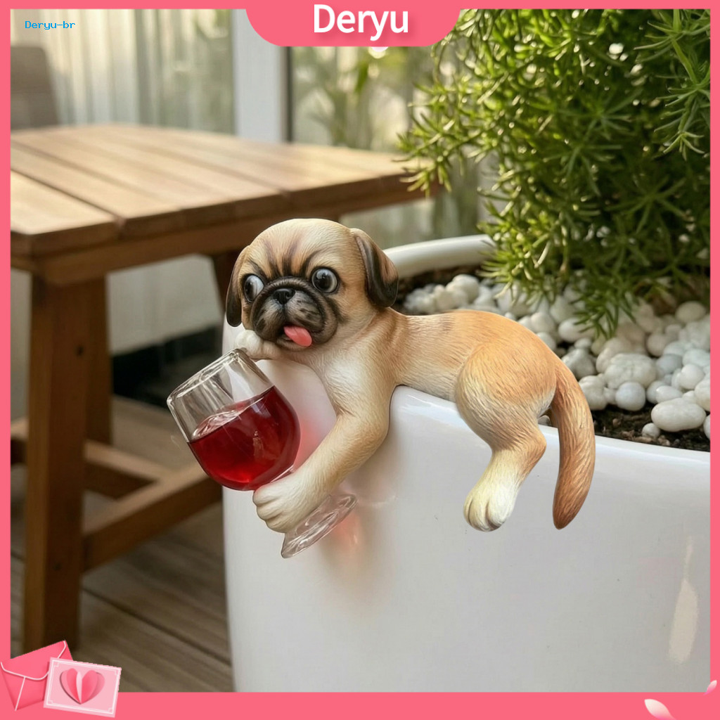 Pug Statue for Garden Cute Dog Figurine Lying with Wine Glass Resin Planter Edge Decoration Adorable Flower Pot Ornament