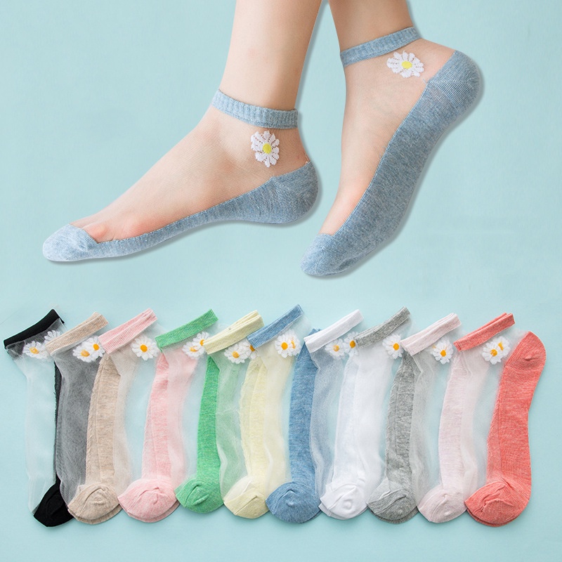 5Pairs Summer Woman Silk Socks Ankle Lace Ultra-thin Girl ’ S Transparent Glass Fiber Fashion Daisy Flower Harajuku Cute Style New