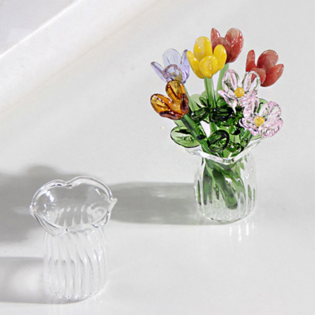 Glass Flower Decor Small Ornament Bouquet with Vase Hand-blown Mini Floral Decoration Handmade Simulation Flowers for Ho