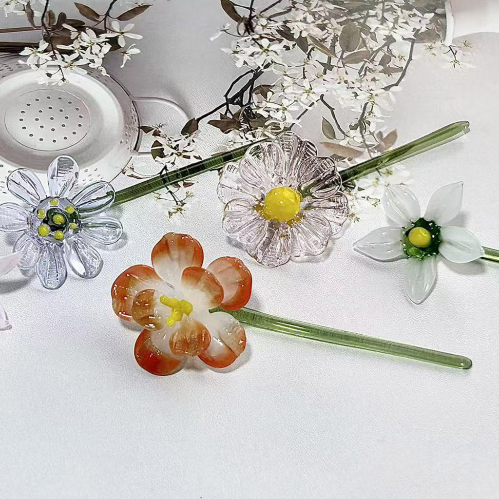 Glass Floral Art Decor Handmade Hand-blown Flower Decoration with Stem – Mini Plant Figurine for Home Room Office Tabl