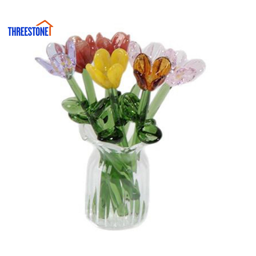 Mini Glass Flower Set Hand-blown Bouquet with Vase – Handmade Floral Decoration Realistic Simulation Ornament for Home
