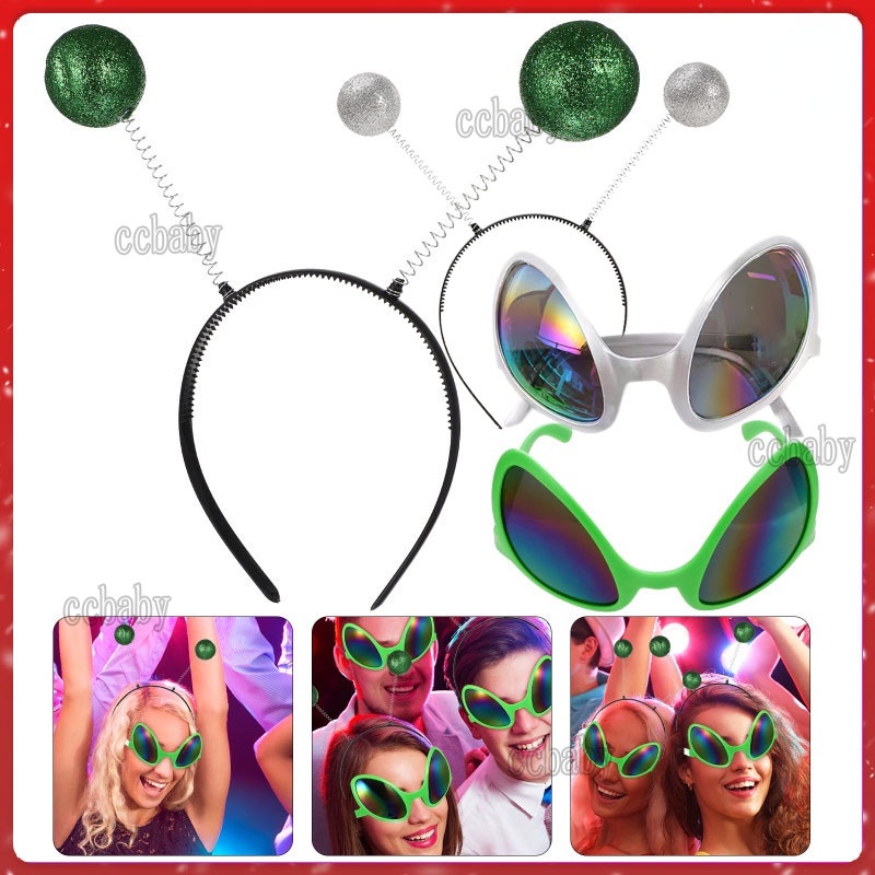 Funny Alien Glasses Martian Space Kids Adult Green Fly Man Cosplay Acessórios De Festa Óculos + Bola Hair Hoop Halloween