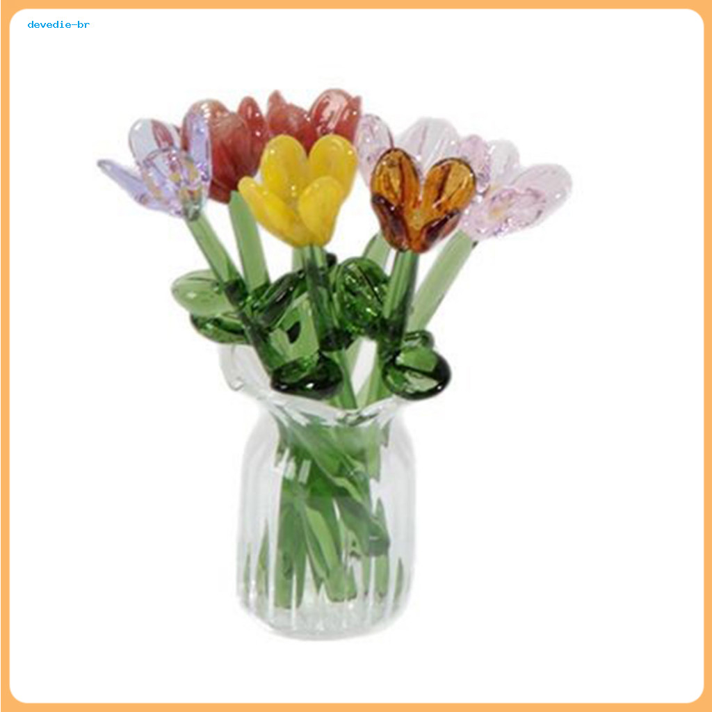 Hand-blown Glass Flower Bouquet with Vase – Mini Handmade Floral Decoration Realistic Simulation Ornament for Home Roo