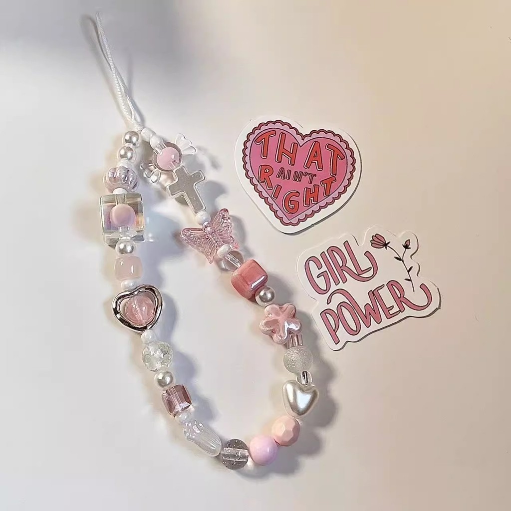 Y2K Glass Flower Bead Butterfly Phone Strap Charm Chain Cordão Bolsa Câmera Pingente Para Airpods Corrente Pendurada