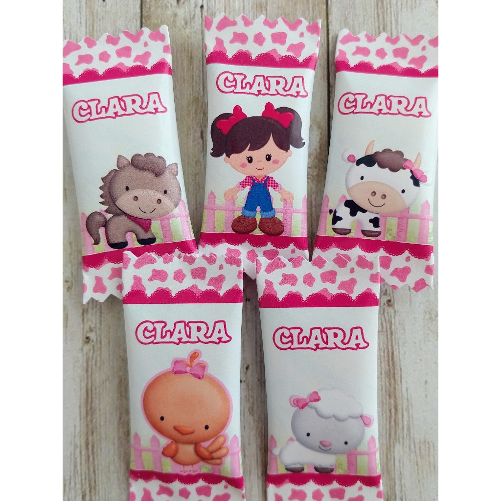 50 balas personalizadas para festa infantil Lembrancinhas Fazendinha rosa