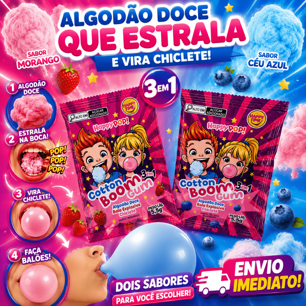 Algodão Doce Bala Explosiva Estrala na Boca e Vira Chiclete Happy Pop Doce Morango e Céu Azul