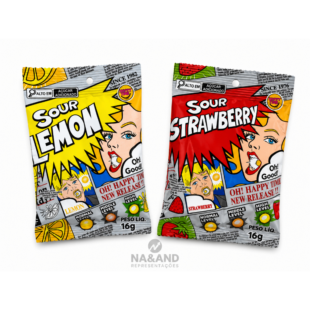 Kit 1 Bala Azeda Ácida Sour Lemon Limão + 1 Sour Strawberry Morango doce Happy Time 16g cada