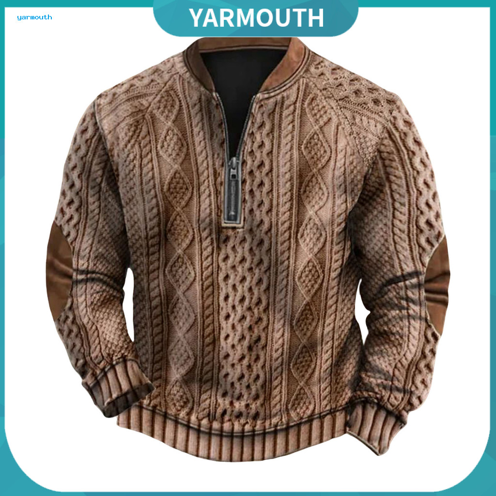Men Jumper Round Neck Pullover Men's Fall Winter Half-zip Sweatshirt Rhombus Texture Patchwork Long Sleeve Sports Top fo