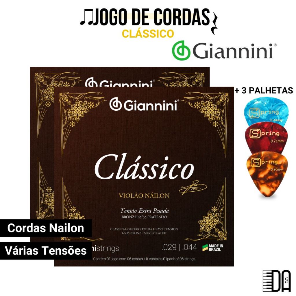 Jogo de Cordas Giannini Clássico Nylon Violão Tensão Média Pesada e Extra Pesada