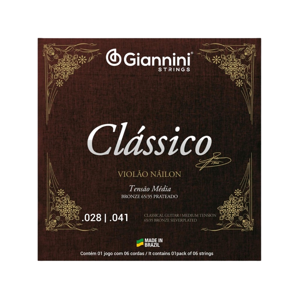 Encordoamento Giannini Clássico P/violão Nylon 65/35 Prateado Média Genwpm