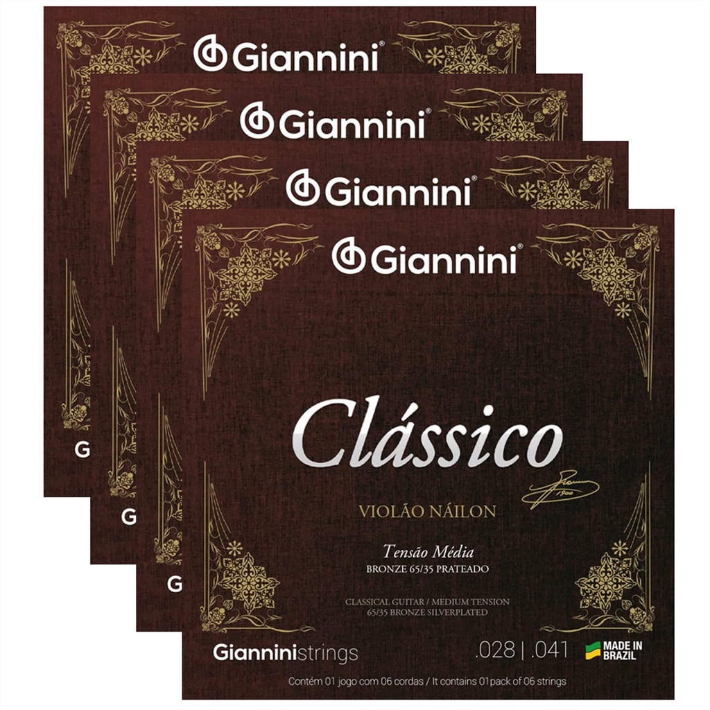 Kit Com 4 Jogos Cordas Giannini Nylon Tensao Media Classico