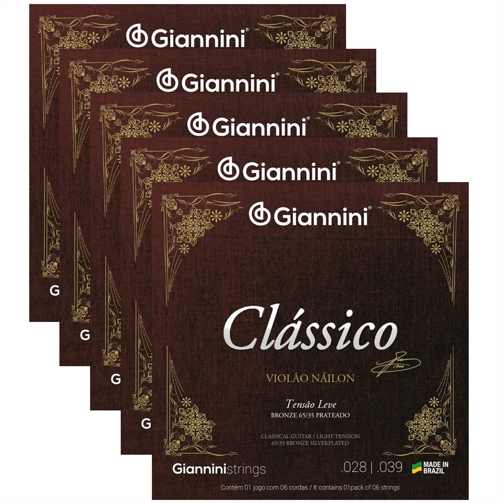 Pack Com 05 Cordas Para Violão Nylon Giannini Clássico Tensão Leve