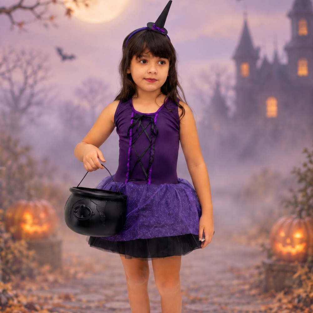 Fantasia Infantil Bruxa Roxa Halloween Com Mini Chapéu Tiara Festa Escolar 0073