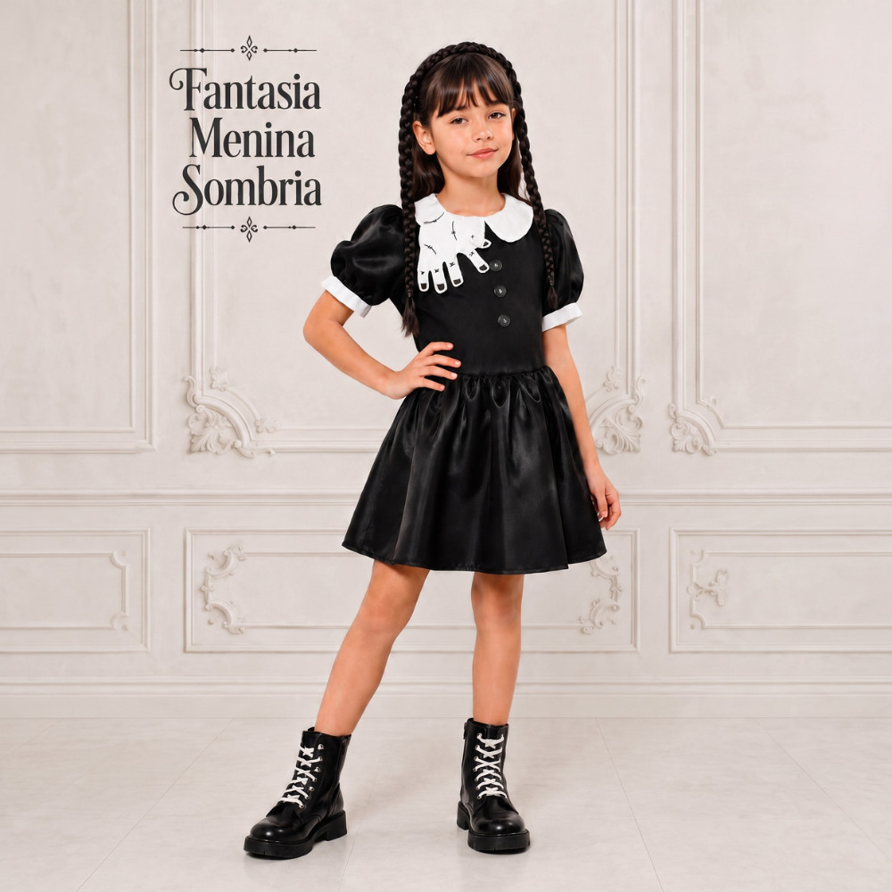 Fantasia Infantil Menina Sombria com Trança Vestido Preto Festa Halloween