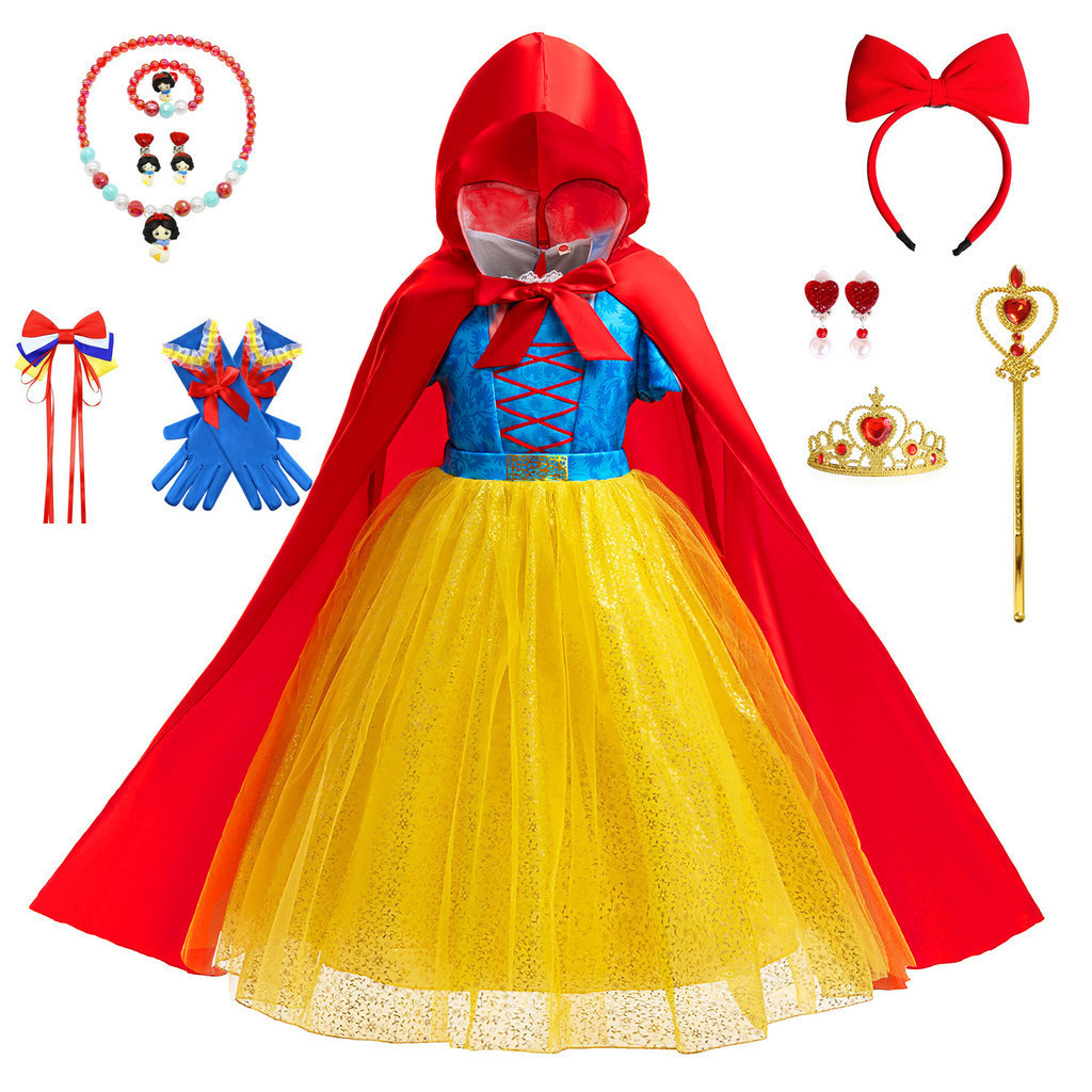 Vestido de Princesa Branca de Neve para menina, de manga curta, fantasia para festas de Halloween e aniversário, modelo